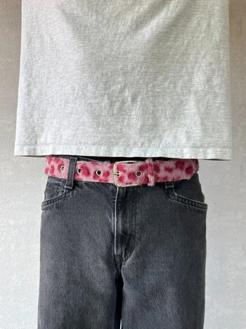 Pink Leopard Plush Faux Fur Belt Silver Eyelets